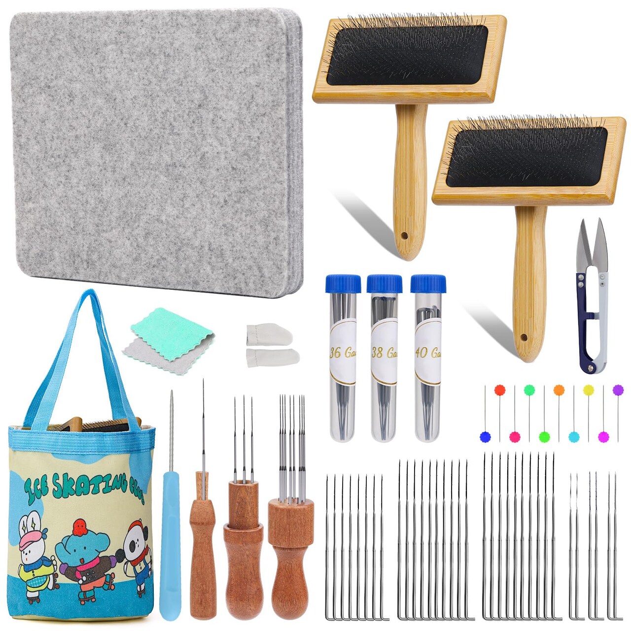 Needle Felting Kit Tools, 10"x 8" Felting Pad,Wooden Wool Carders, 34 Pcs Felting Needles, Felt Kit Supplies Include Storage Bag for Beginners DIY Wool Craft